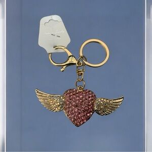 Bag Charm/Keychain-Pink Rhinestone Heart with Wings